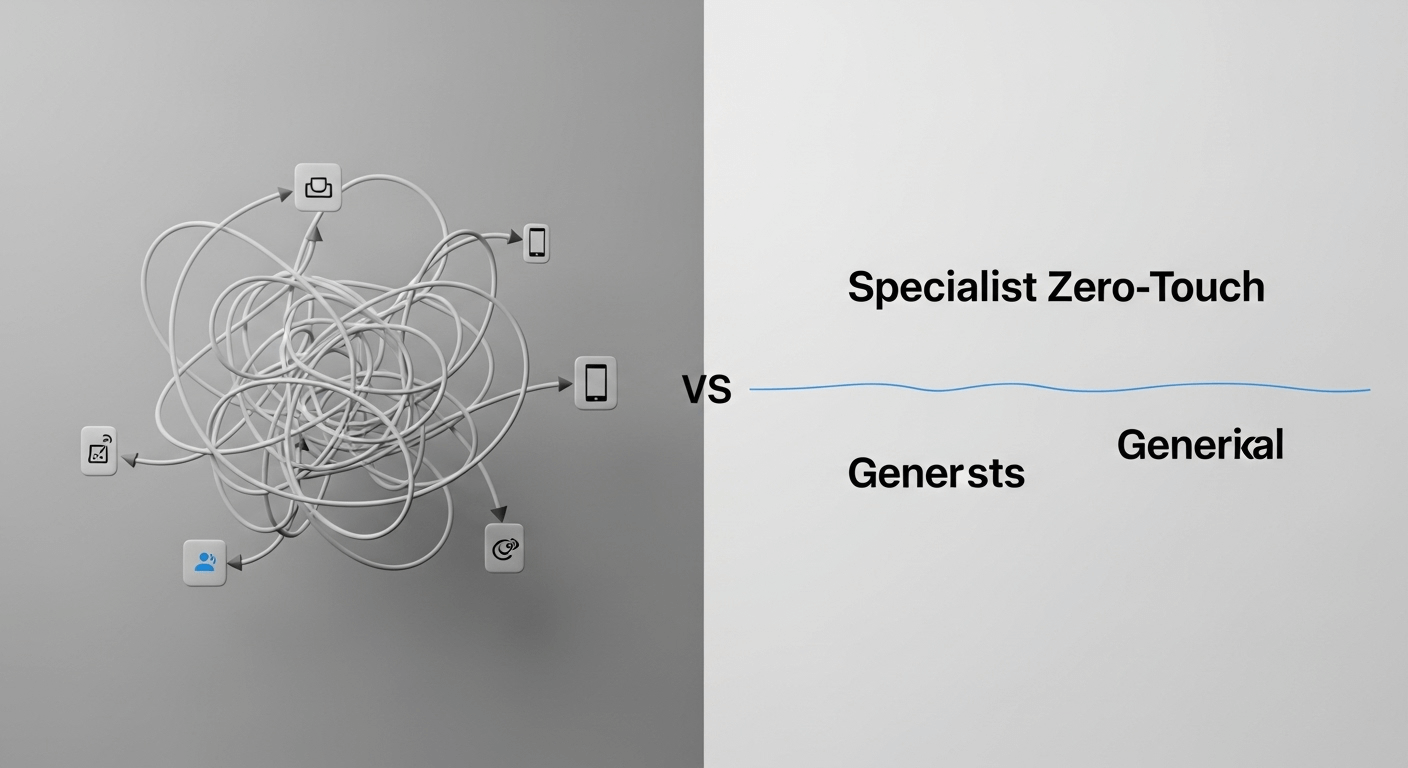 A side-by-side 3D render. On the left, a complex, tangled path with multiple stops. On the right, a clean, direct, and fast single line, visually representing the efficiency of specialist Zero-Touch vs. a generic process.