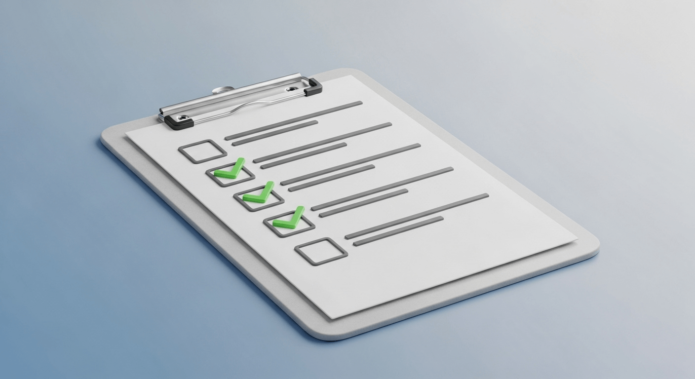 Clean 3D render of a clipboard with a checklist, where the top items are checked off, representing a clear and effective decision-making process.