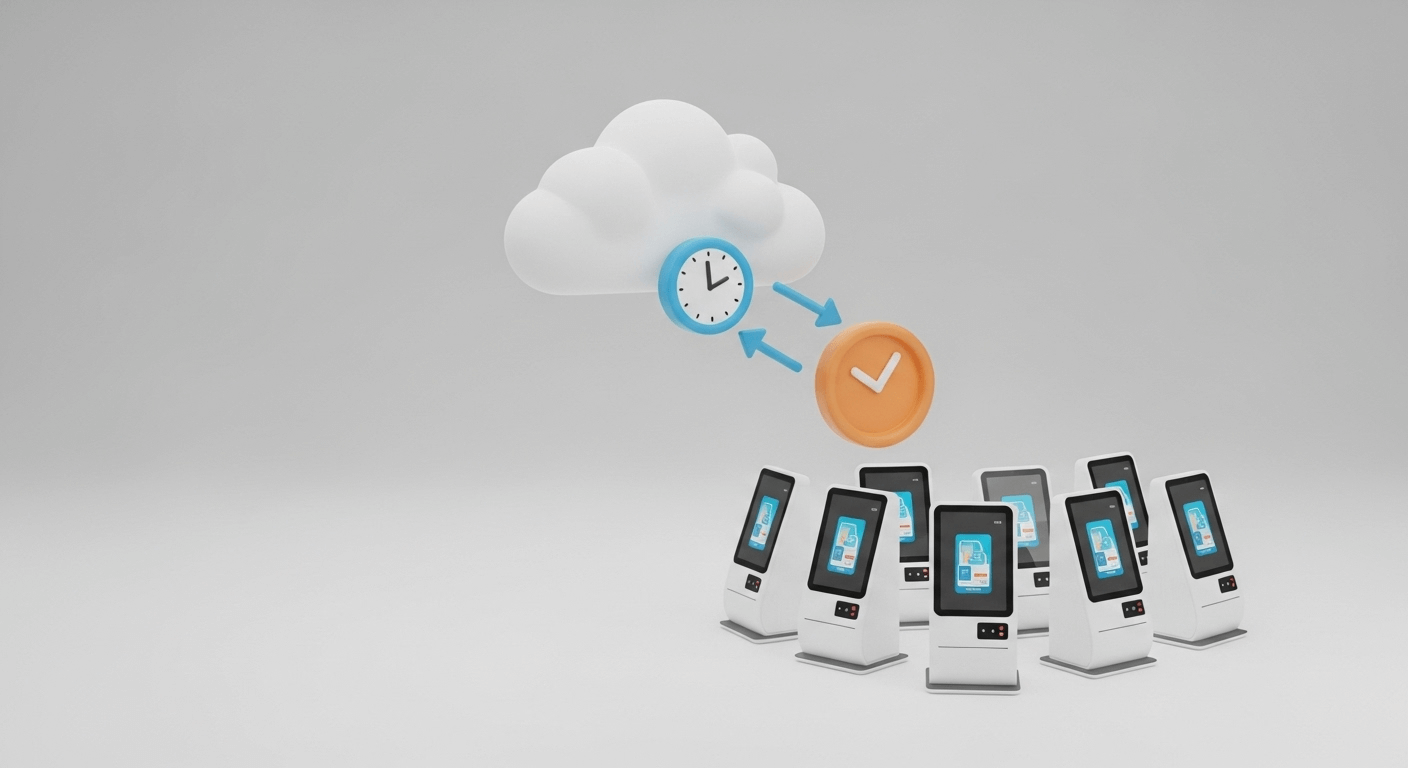 3D render of a cloud pushing an app update to a fleet of kiosks, with a clock icon indicating scheduling.