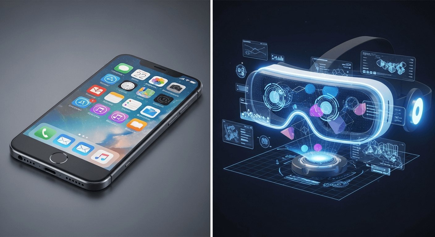 A sophisticated 3D render showing a split view: on one side, a clean smartphone with typical app icons; on the other, a VR headset with an immersive, 3D interface environment, highlighting the difference in user experience.
