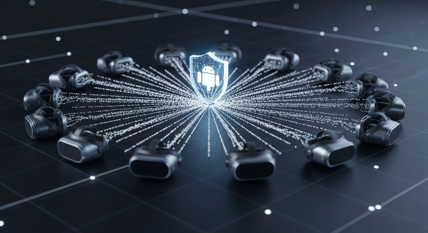 An abstract 3D render of the Android Enterprise shield logo, with lines of data and policy flowing from it to a series of VR headsets, symbolizing security and control.