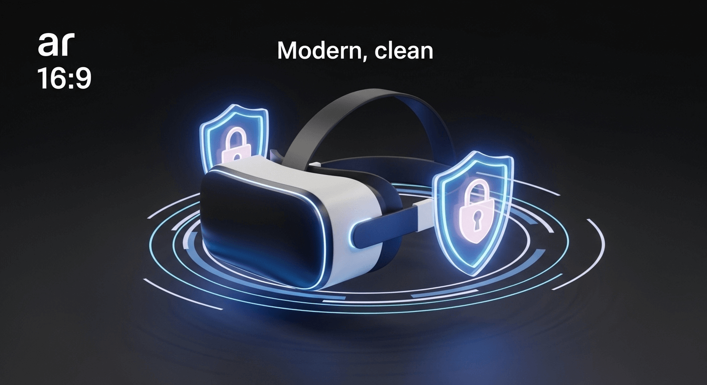 A 3D render of a VR headset with a glowing digital lock and shield around it, representing robust security protocols.