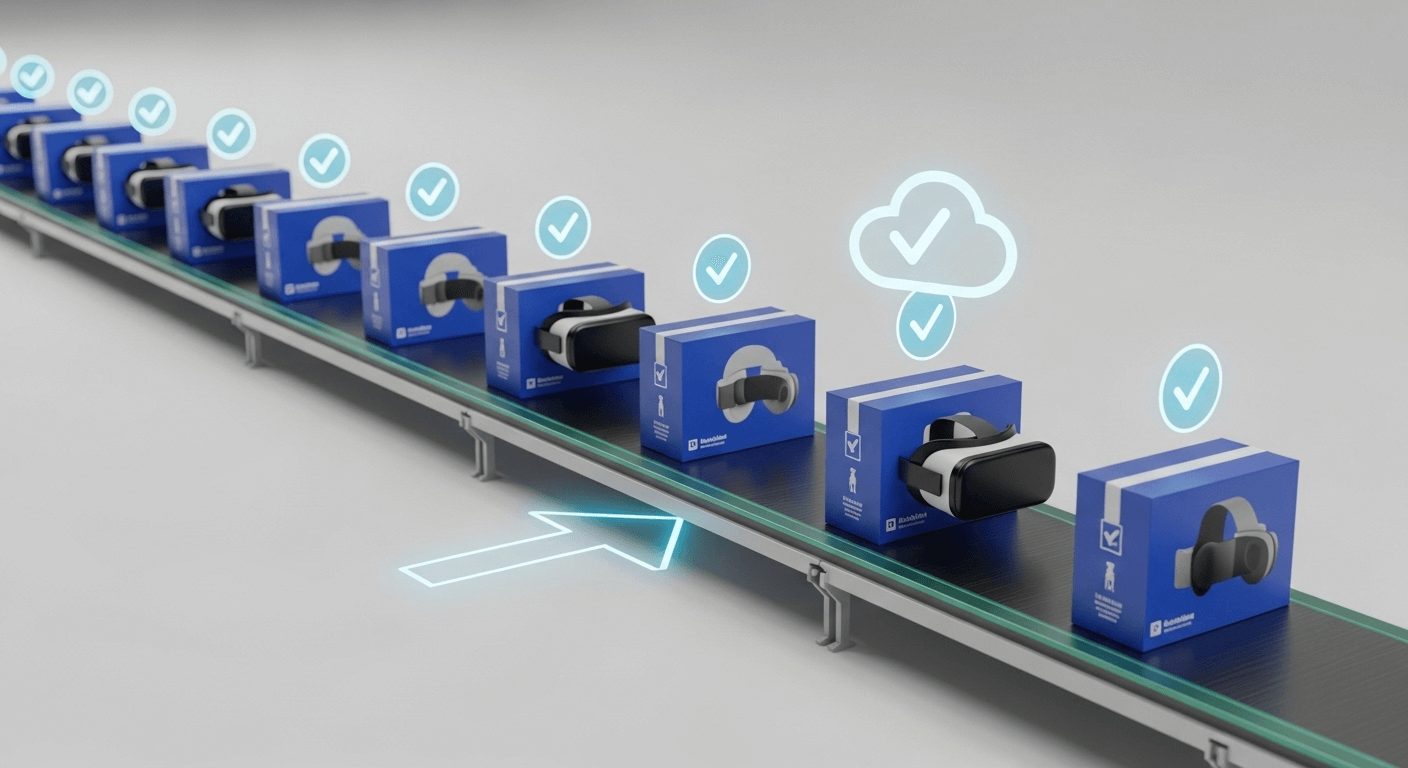 A 3D render depicting a production line of boxed VR headsets, with a digital arrow showing them being shipped directly to end-users, bypassing an IT staging area. A checkmark appears as they connect to the cloud.