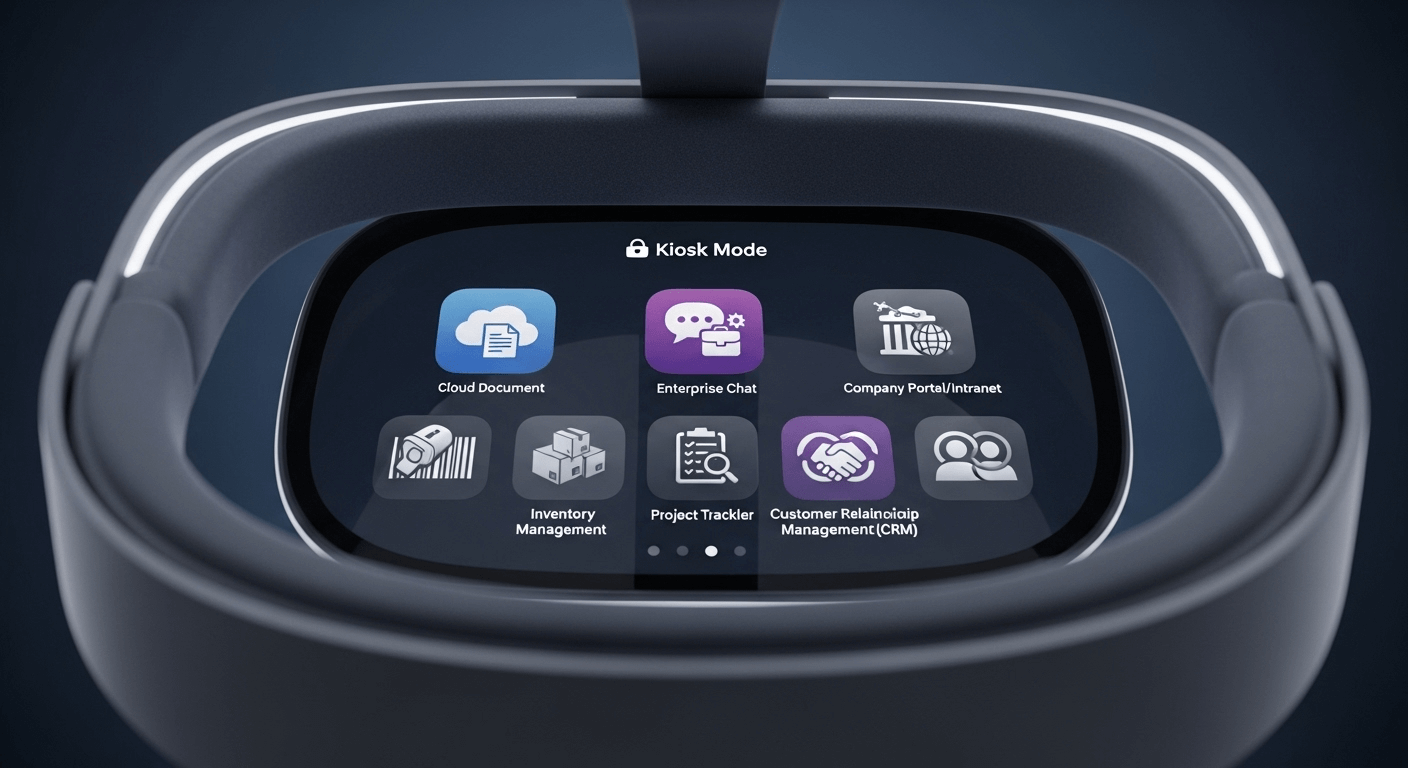 A first-person view from inside a VR headset, showing a simplified, branded home screen with only three large app icons, representing a locked-down Kiosk Mode.