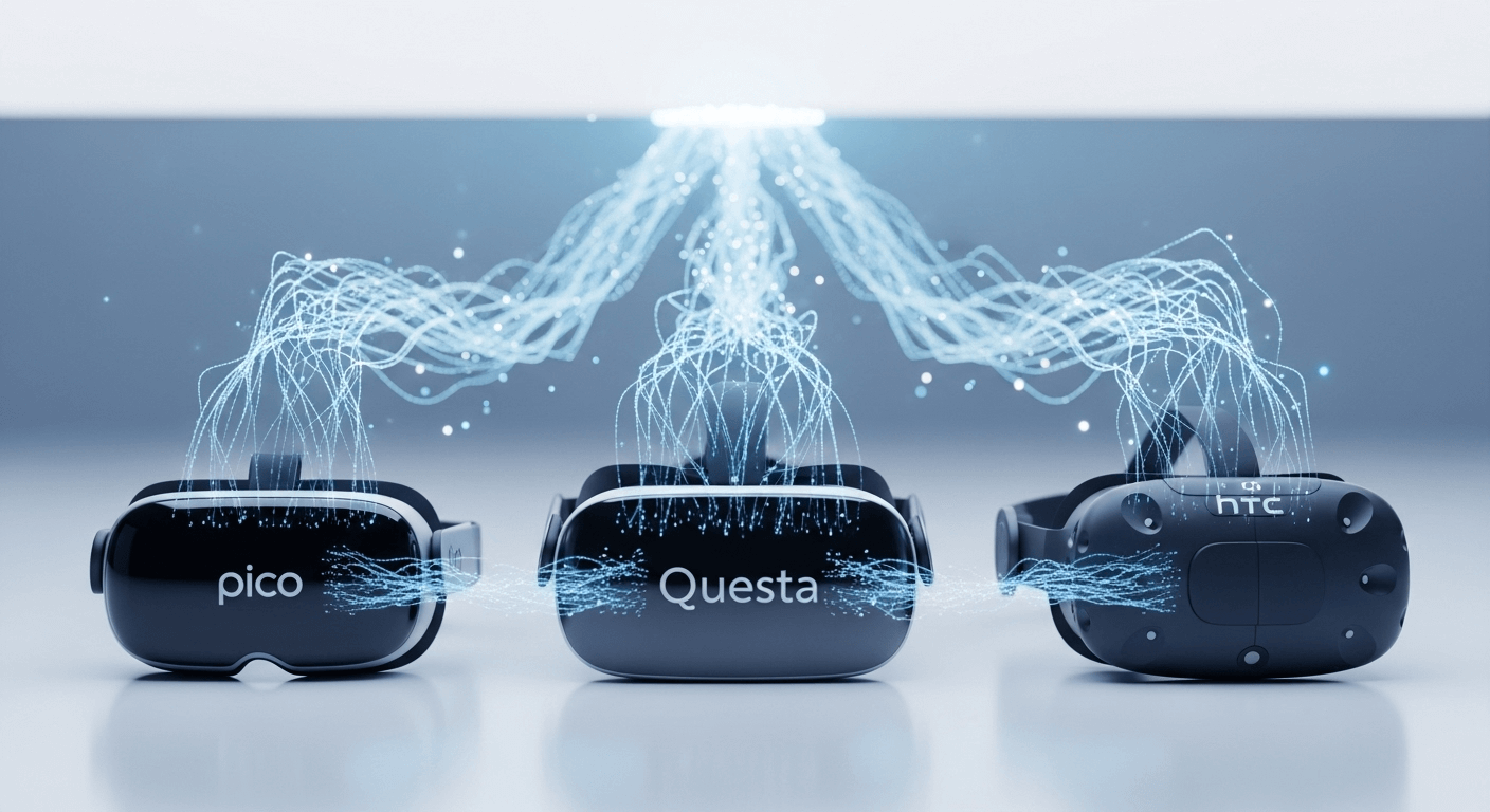 A sleek 3D render showing three different VR headsets (representing Pico, Meta, HTC) side-by-side, with abstract data streams flowing to them from a central point.