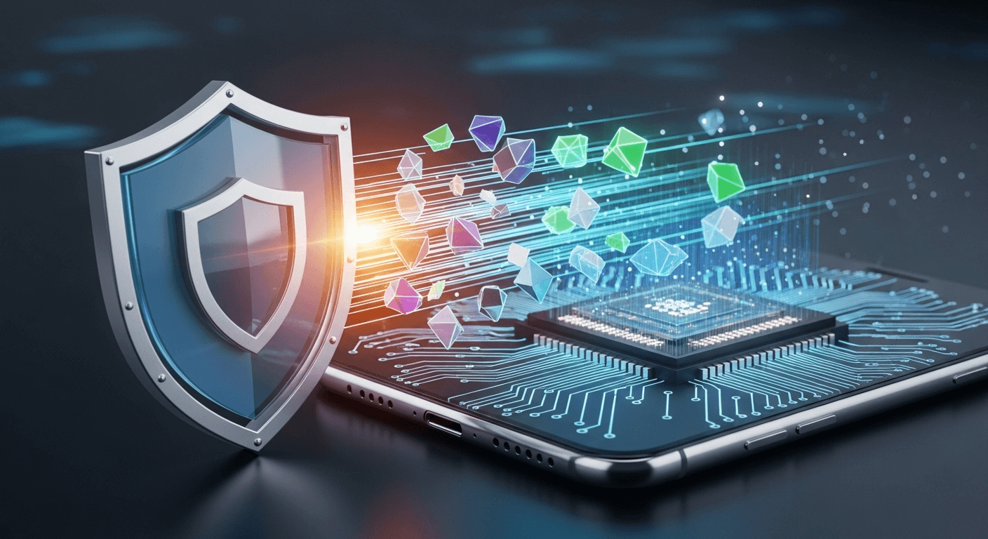 Sophisticated 3D render of a shield icon deflecting abstract digital threats from a smartphone's core processor.