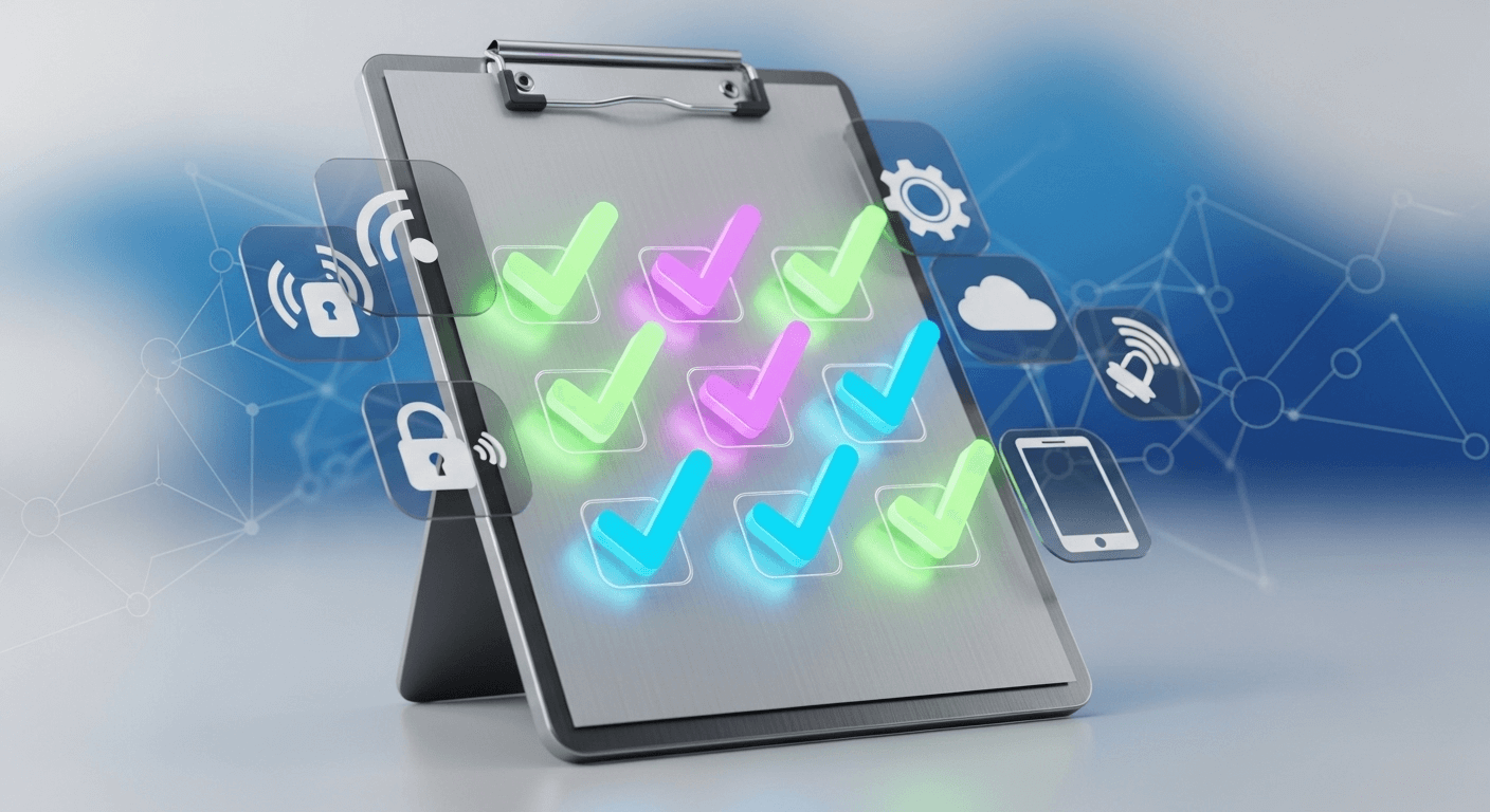 Sophisticated 3D render of a stylized clipboard with glowing checkmarks against abstract task icons.