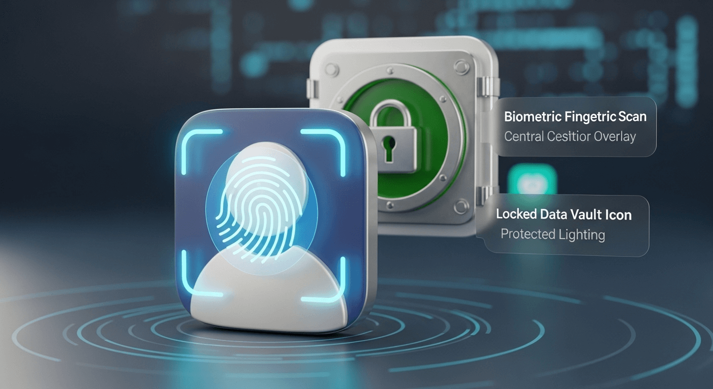 3D render of a user profile icon with a biometric fingerprint scan overlay, positioned in front of a locked data vault icon.