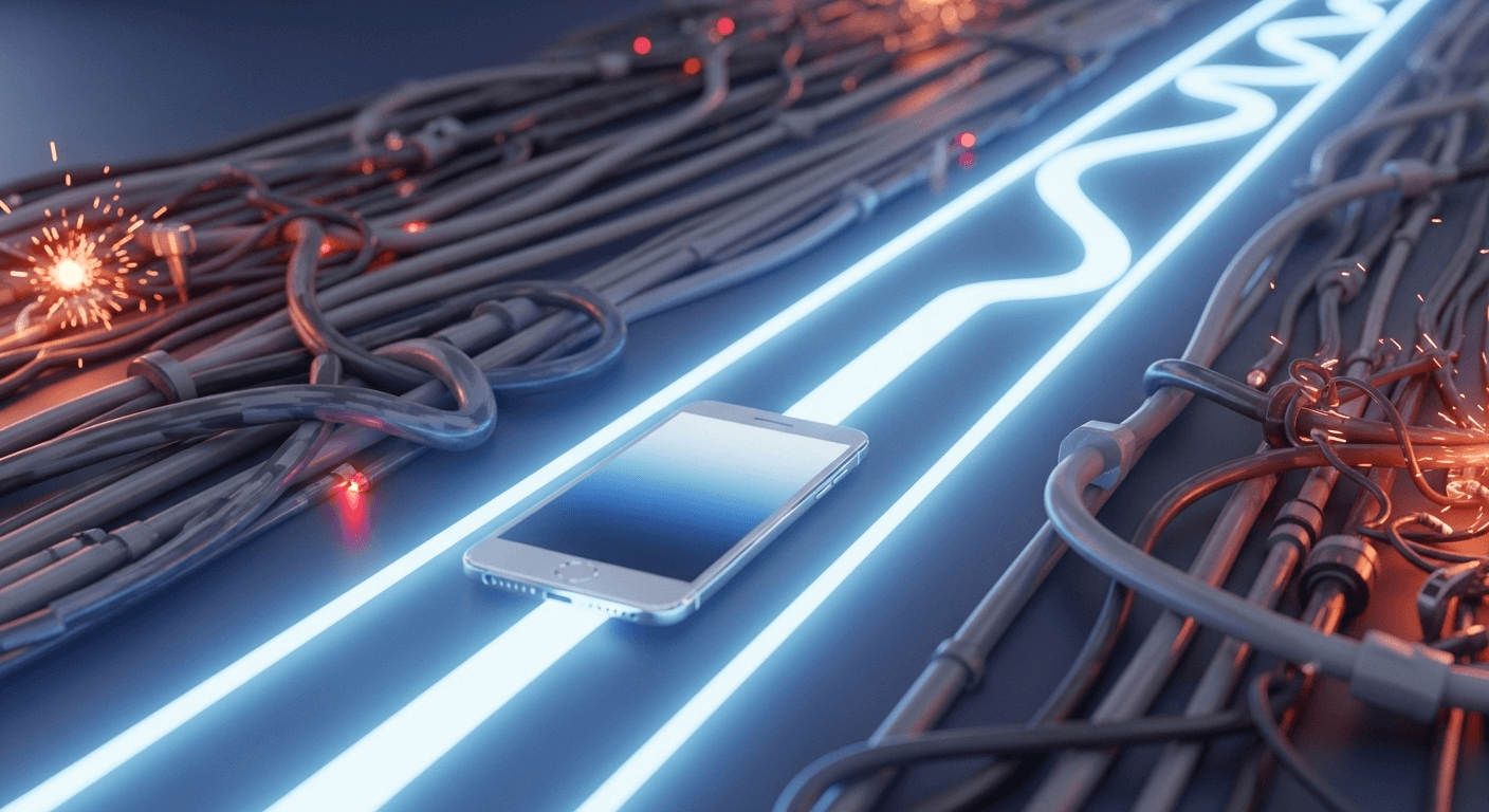 3D render of a device moving along a streamlined, glowing path, bypassing several complex, tangled paths representing older setup steps.