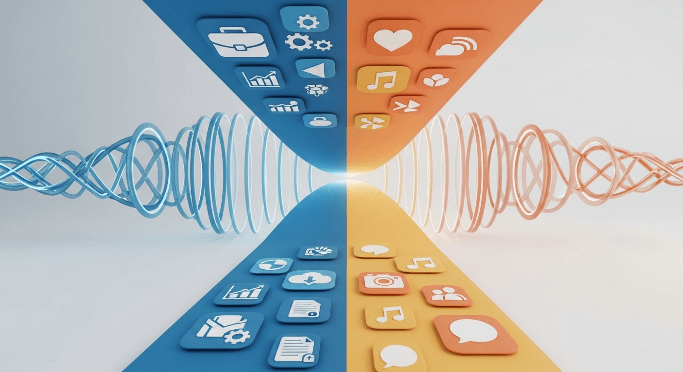 3D render of a network signal splitting into two distinct colored lanes, one leading to a work app icon and the other to personal app icons.