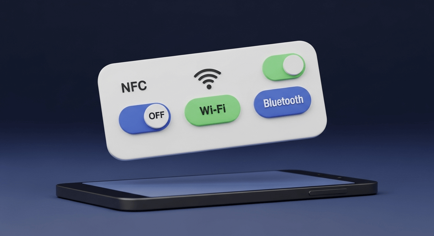 3D render of a control panel with toggles for NFC, Wi-Fi, and Bluetooth floating above a device, with the NFC toggle switched off.
