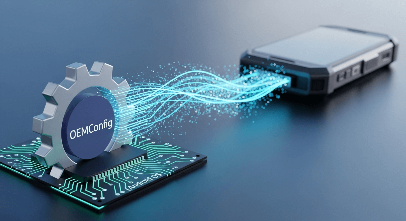 Abstract 3D render showing a gear icon (OEMConfig) fitting perfectly into a circuit board representing the Android OS, with data streams flowing out to a rugged device.