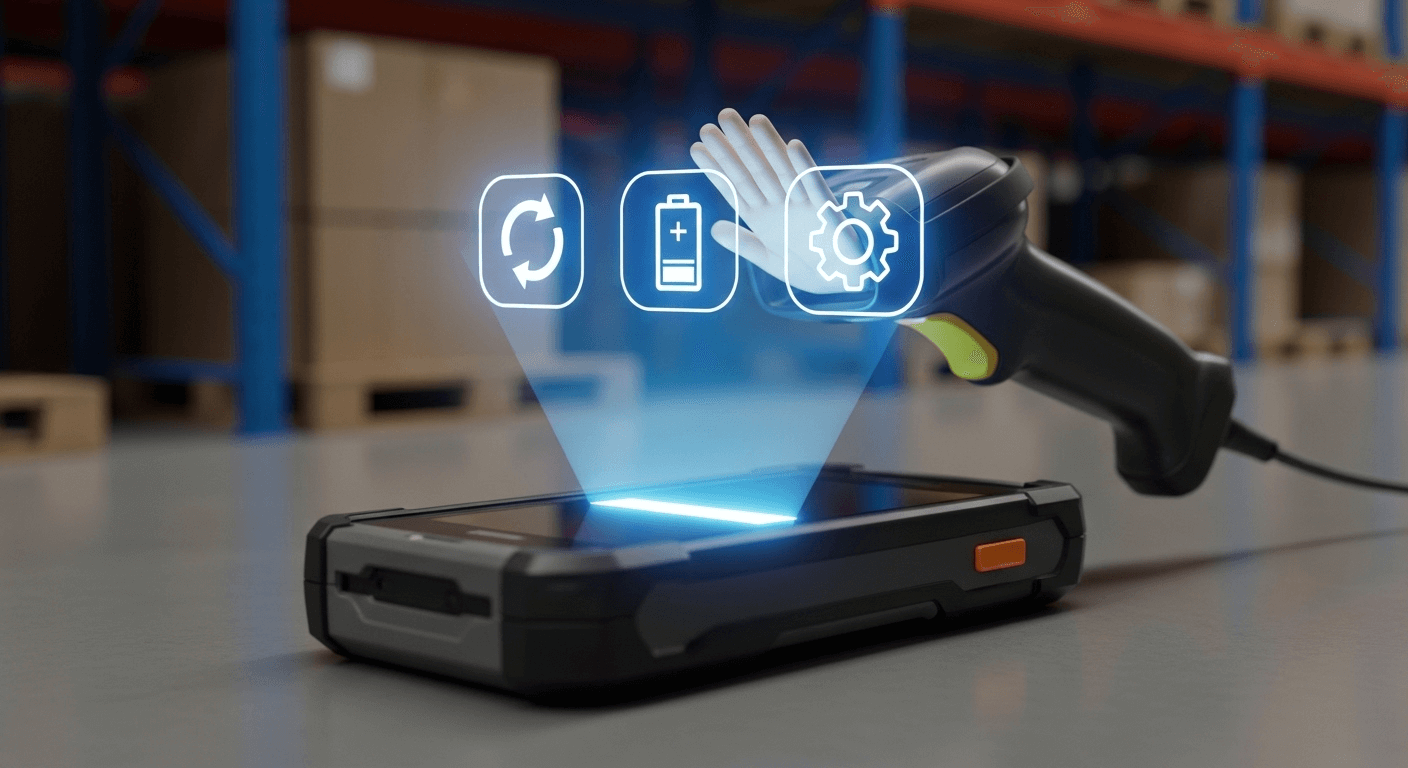 3D render of a rugged warehouse scanner, with glowing icons representing app updates, battery health, and configuration settings being pushed to it remotely.