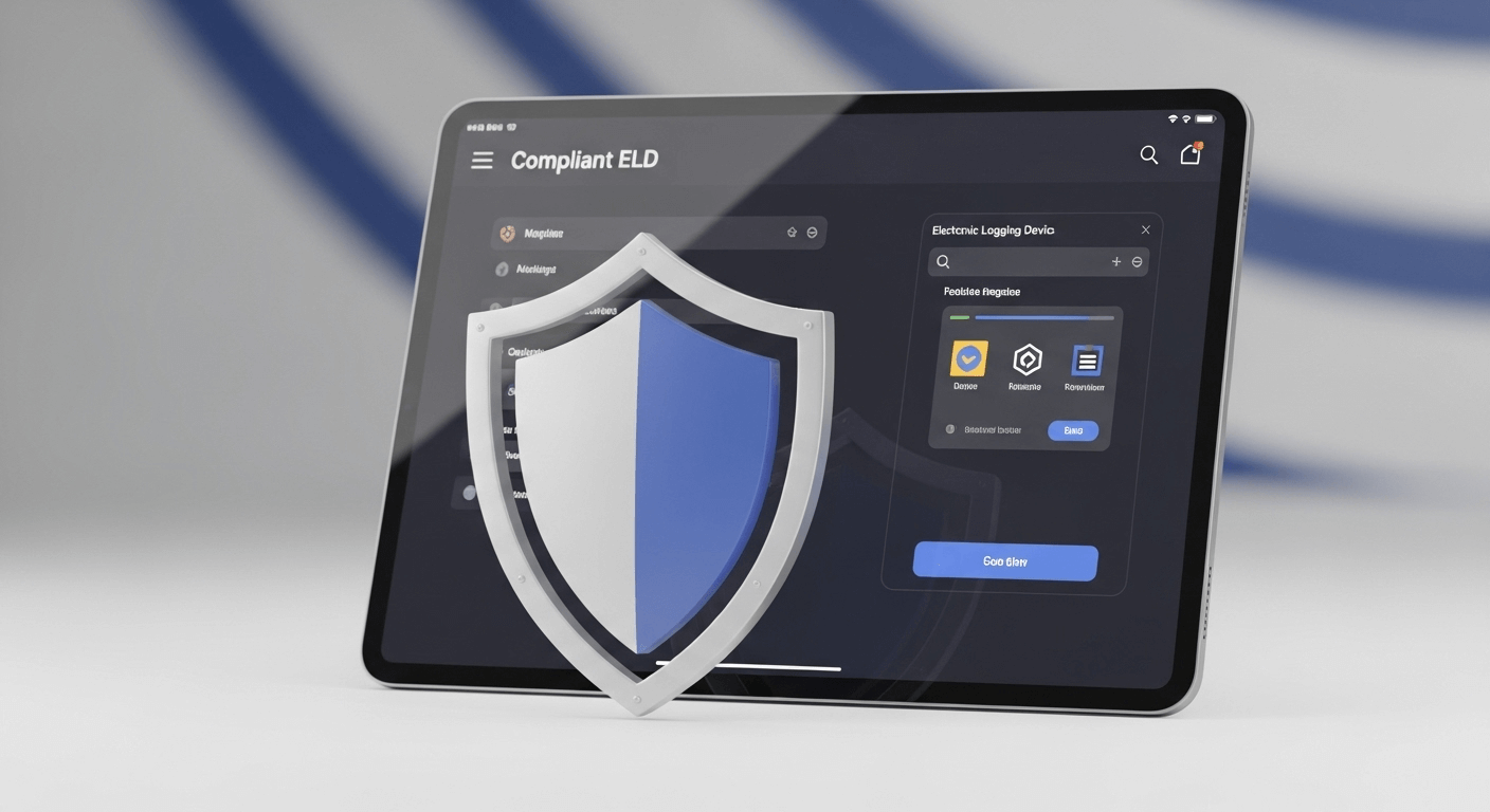 3D render of a tablet displaying a compliant ELD interface, with a shield icon in front of it symbolizing data integrity and security.