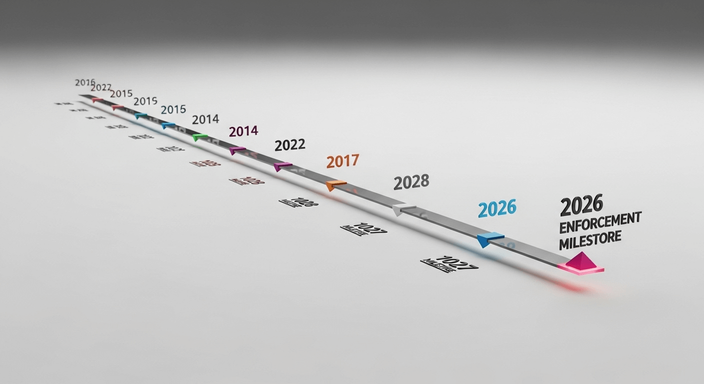 A clean 3D render of a timeline with key dates highlighted, leading up to the 2026 enforcement milestone.