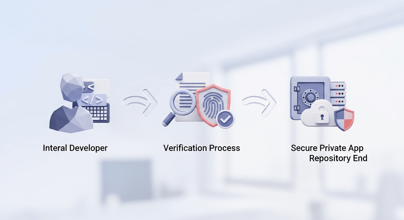 A flowchart-style 3D render showing the process: an internal developer icon, followed by a verification process icon, leading to a secure private app repository icon.
