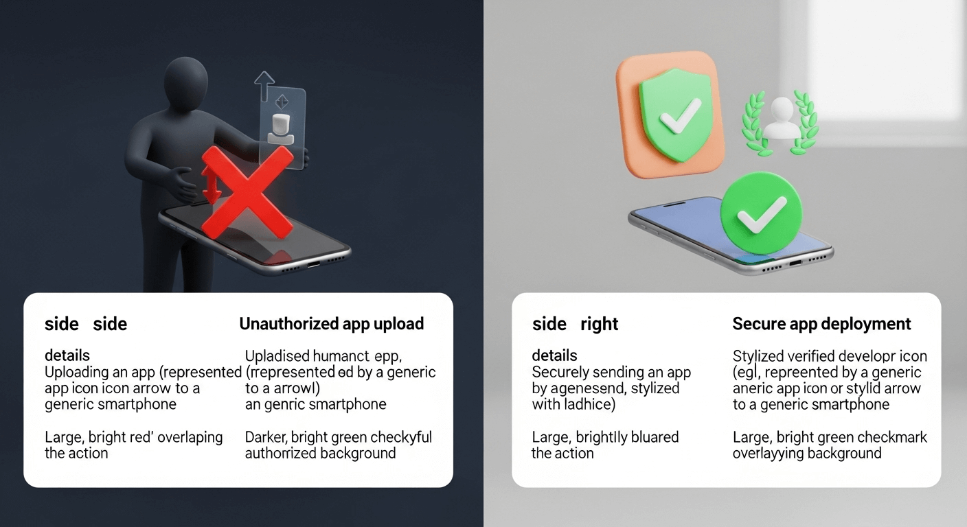 A split 3D render. On the left, a red 'X' over a shadowy figure uploading an app to a device. On the right, a green checkmark over a verified developer icon securely sending an app to a device.
