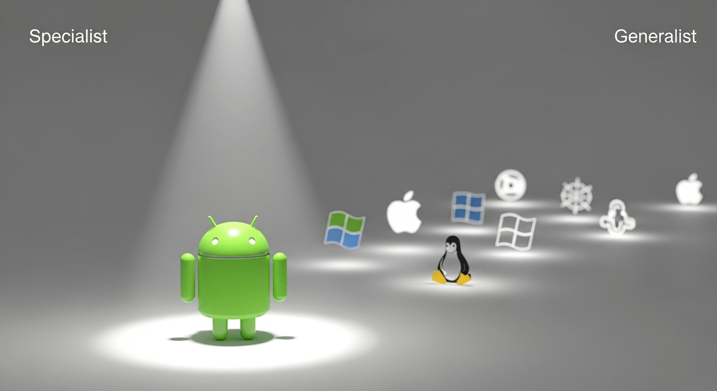 A simple, elegant 3D render of a focused, powerful spotlight (labeled 'Specialist') on an Android logo, while a diffuse, weaker light (labeled 'Generalist') covers multiple OS logos.