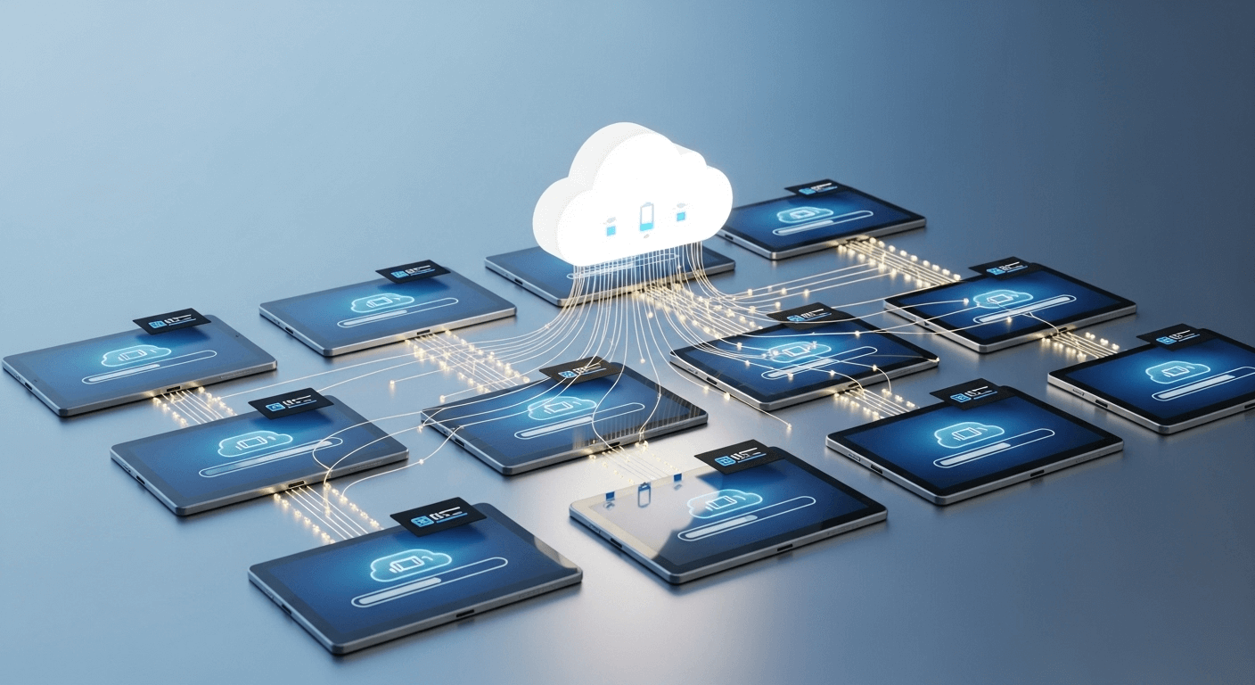 A sophisticated 3D render showing a grid of Android tablets automatically configuring themselves from a central cloud icon, symbolizing Zero-Touch Enrollment.