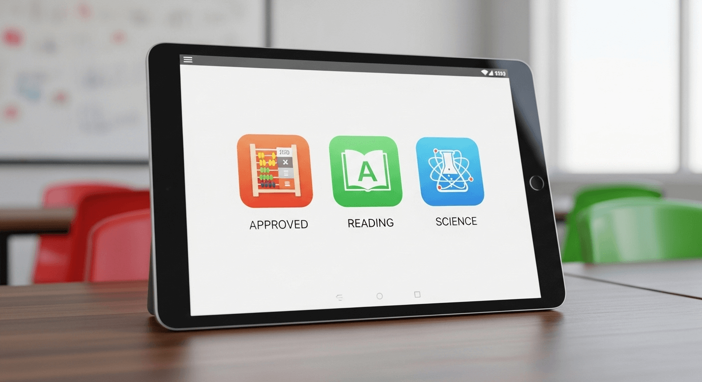 A clean 3D render of an Android tablet in a classroom setting, displaying a simplified interface with only three approved educational app icons, representing Kiosk Mode.