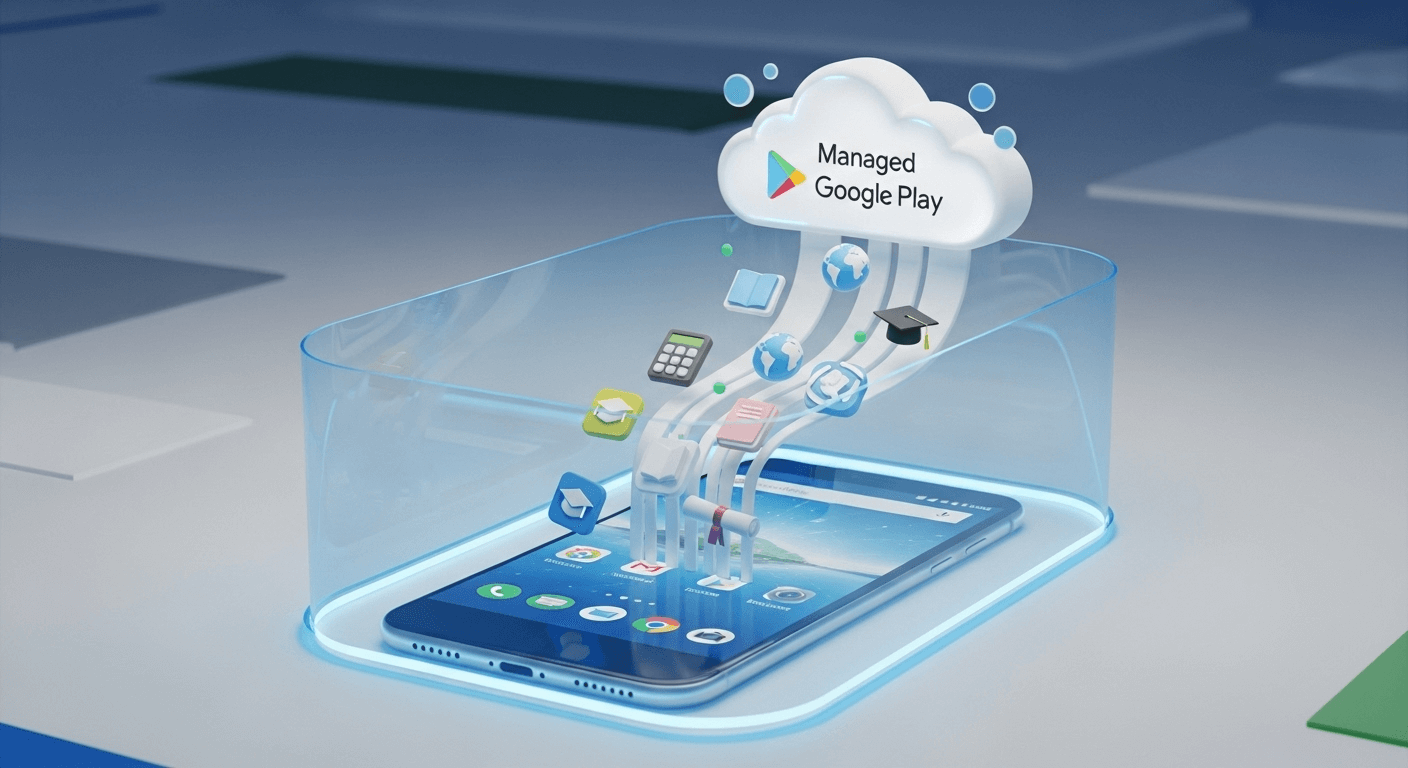 A 3D render illustrating a secure digital 'walled garden' around an Android device, with approved educational app icons flowing in from a 'Managed Google Play' cloud.