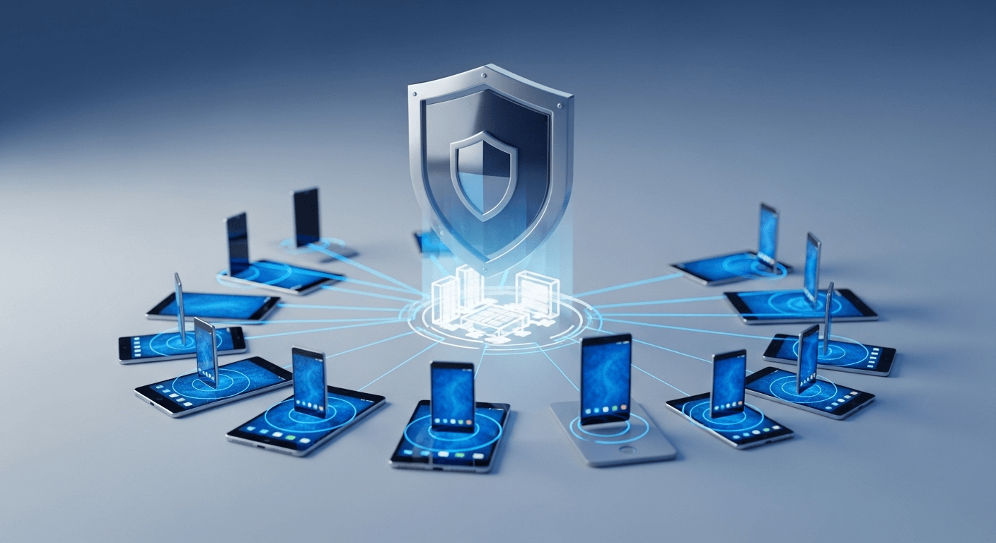 A 3D render of a shield icon protecting a school network of connected Android devices, symbolizing robust security policies and web filtering.