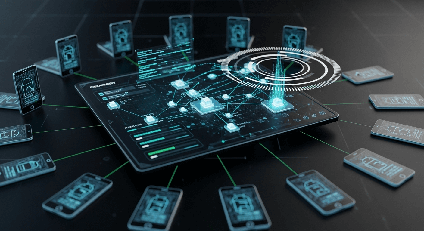 Sophisticated 3D render of a central command dashboard deploying a security patch to a fleet of Android devices.