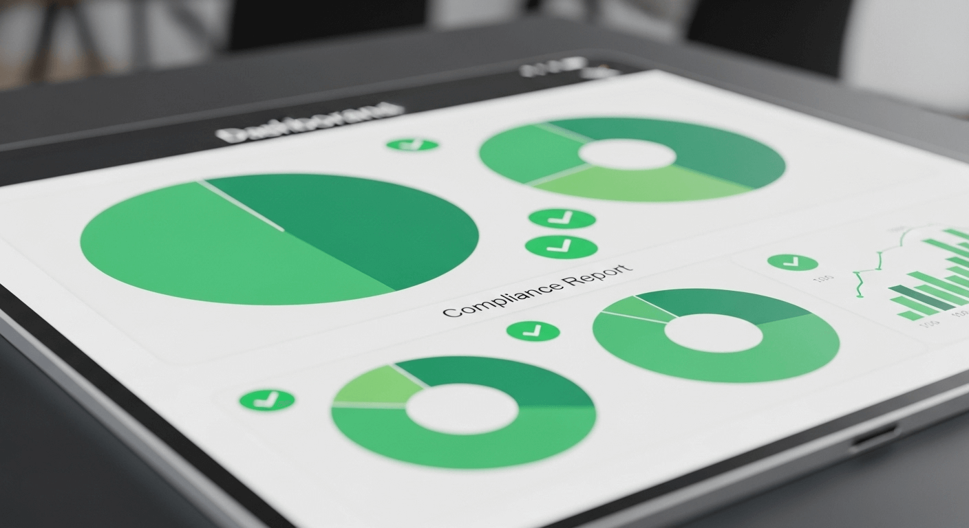 A close-up 3D render of a digital dashboard displaying a compliance report with pie charts and green status indicators.