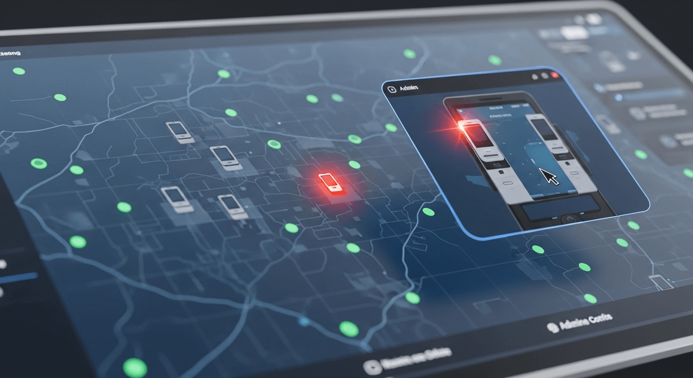 A 3D render of a command center screen showing a map with green dots for healthy kiosks and one flashing red dot. A smaller window shows an admin's cursor remotely controlling the screen of the red-flagged device.