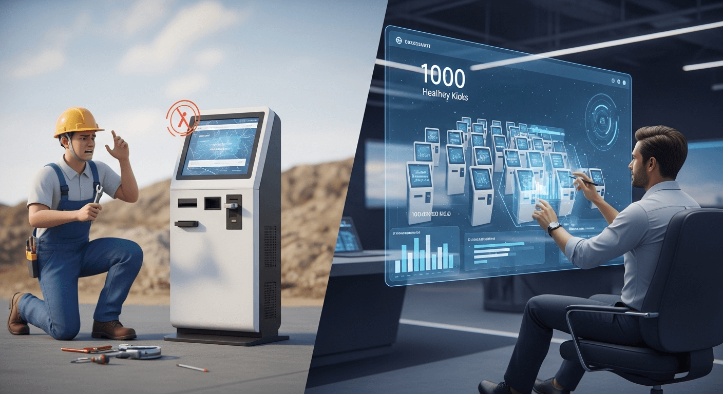 Sophisticated 3D render showing a split screen. On one side, a frustrated technician is on-site with a single kiosk. On the other, a calm IT admin manages a holographic display of a hundred healthy kiosks from a central command center.