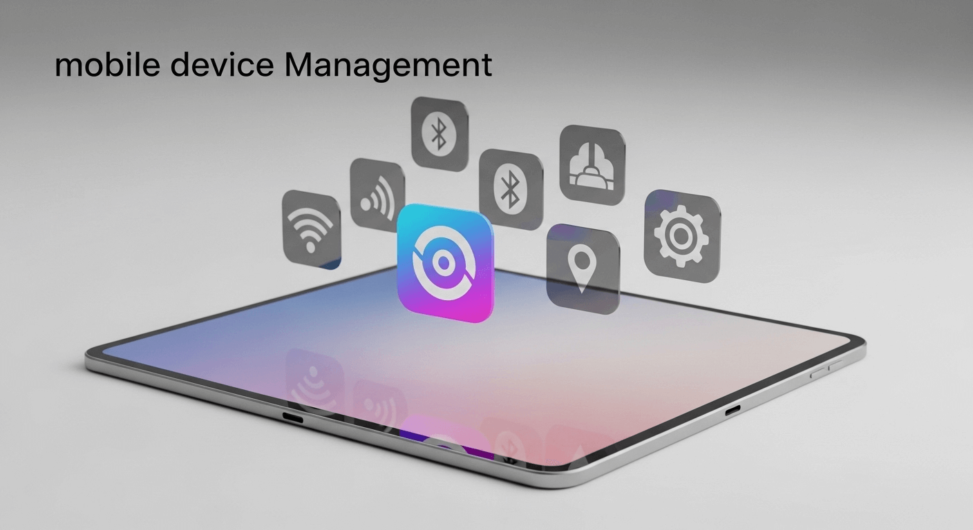 A 3D render of a tablet device with a single, large application icon floating in front of it, behind which are ghosted-out, inaccessible system setting icons, representing lockdown.