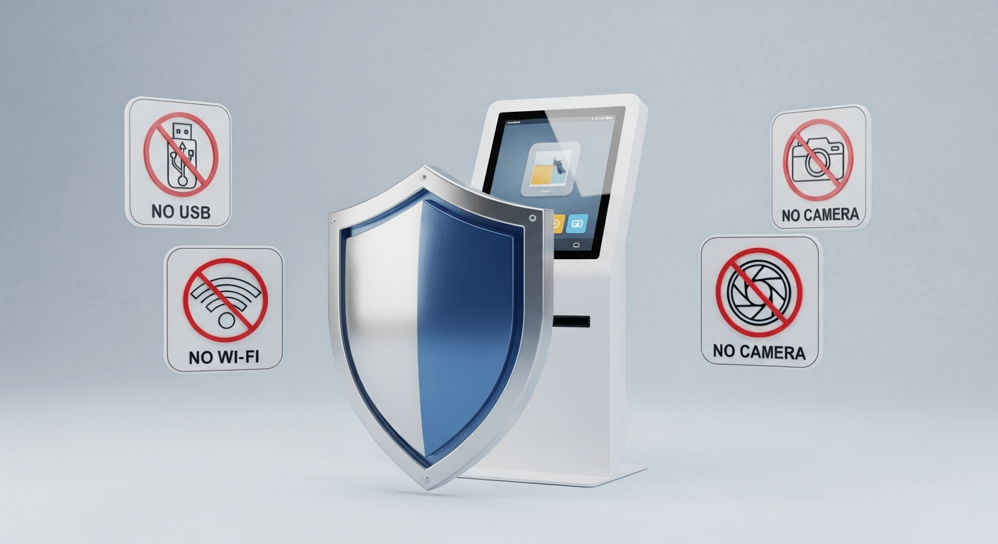 A 3D render of a shield icon protecting a kiosk device. Around the shield are smaller icons for USB, Wi-Fi, and Camera with a 'no' symbol through them.