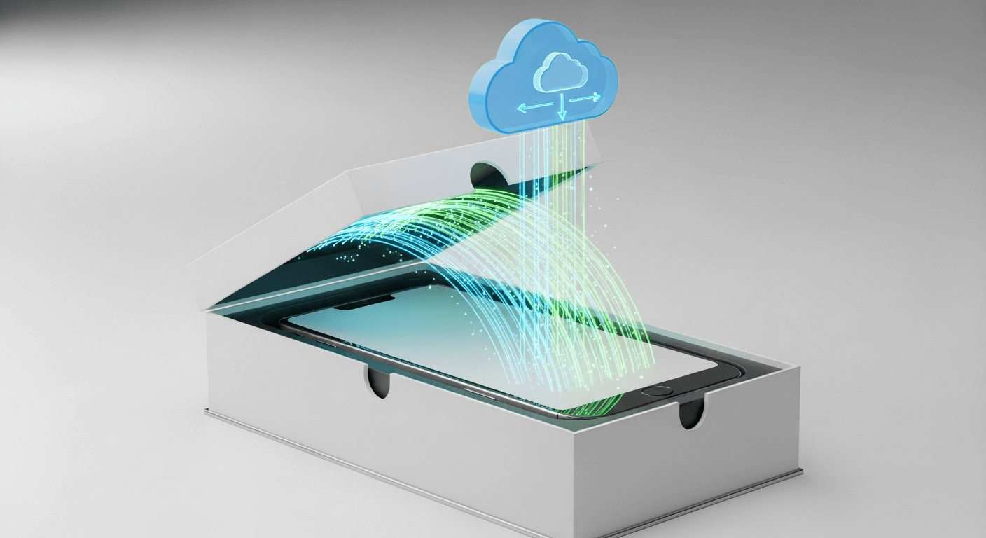 A sleek 3D render of a device box opening, with glowing digital lines flowing from the device up to a cloud icon, symbolizing automatic provisioning without human touch.