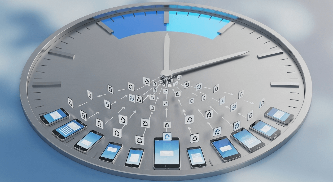 A 3D render of a circular clock face with a specific segment between 2 and 4 highlighted, with update icons flowing into a fleet of devices during that time.
