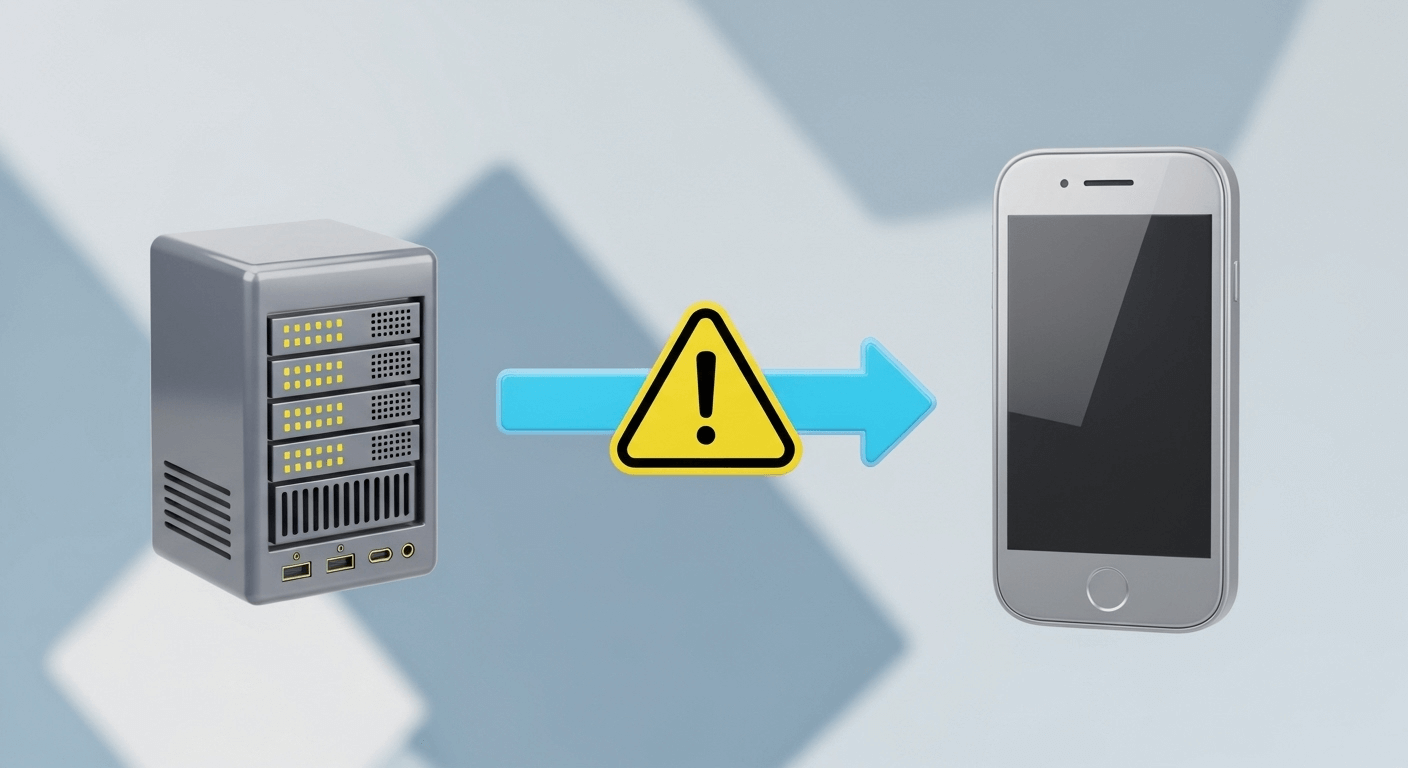 Sophisticated 3D render of a simple arrow pointing from a server icon directly to a device icon, with a warning symbol overlaid.