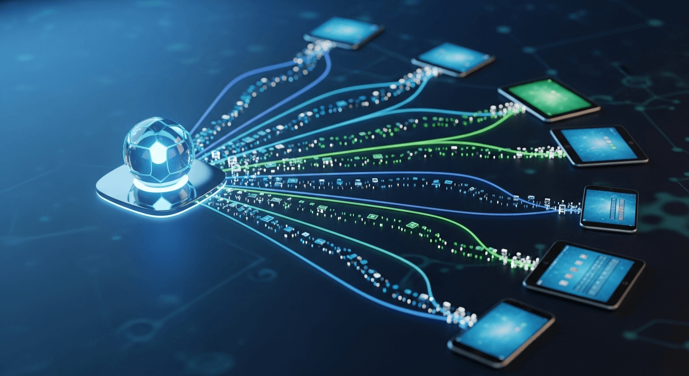 Sophisticated 3D render showing a secure central hub icon distributing apps to multiple devices through organized, glowing pathways.