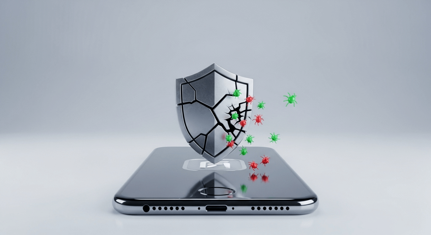 3D render of a smartphone with a cracked shield icon on its screen, with small, abstract 'bug' icons crawling out of the cracks.