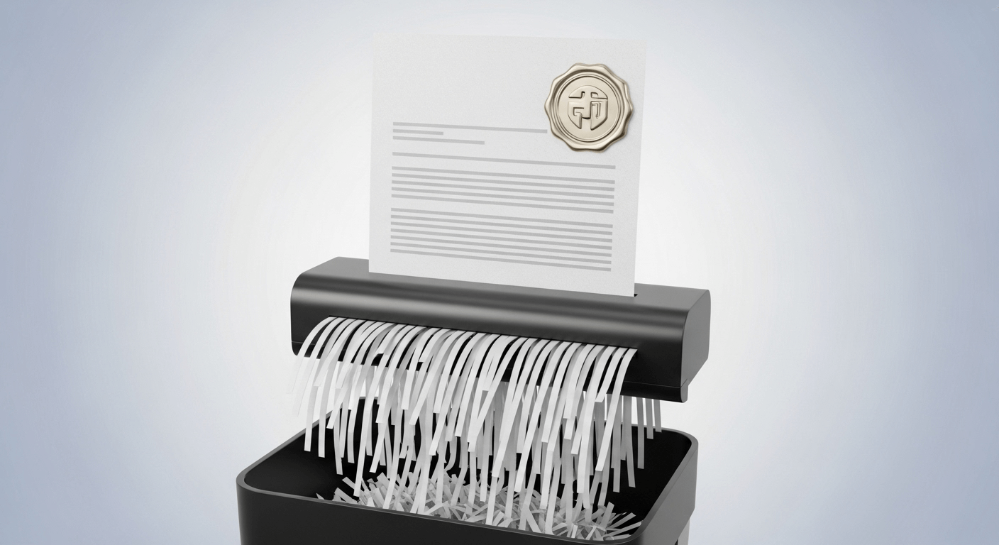 3D render of a document with an official-looking seal being shredded, symbolizing a compliance failure.