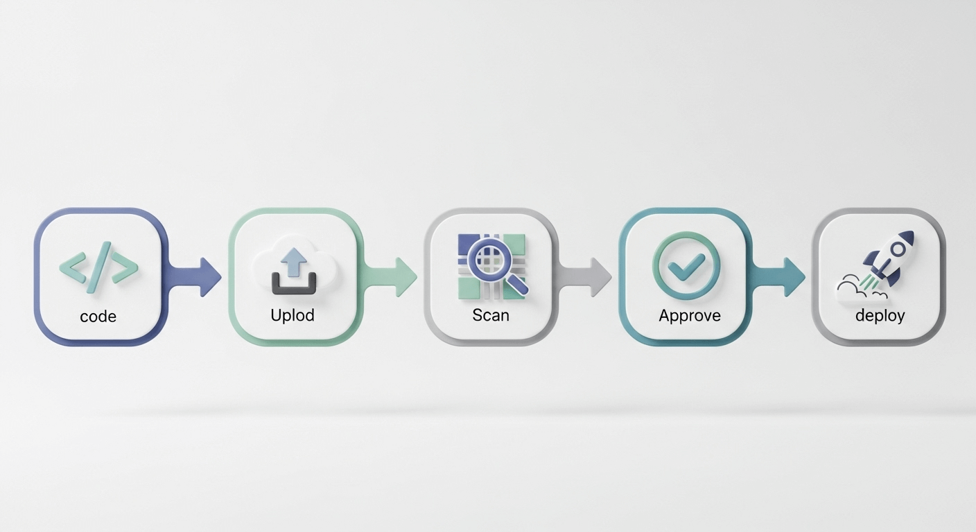 3D render of a clean, simple 5-step workflow diagram using abstract icons for 'code', 'upload', 'scan', 'approve', and 'deploy'.