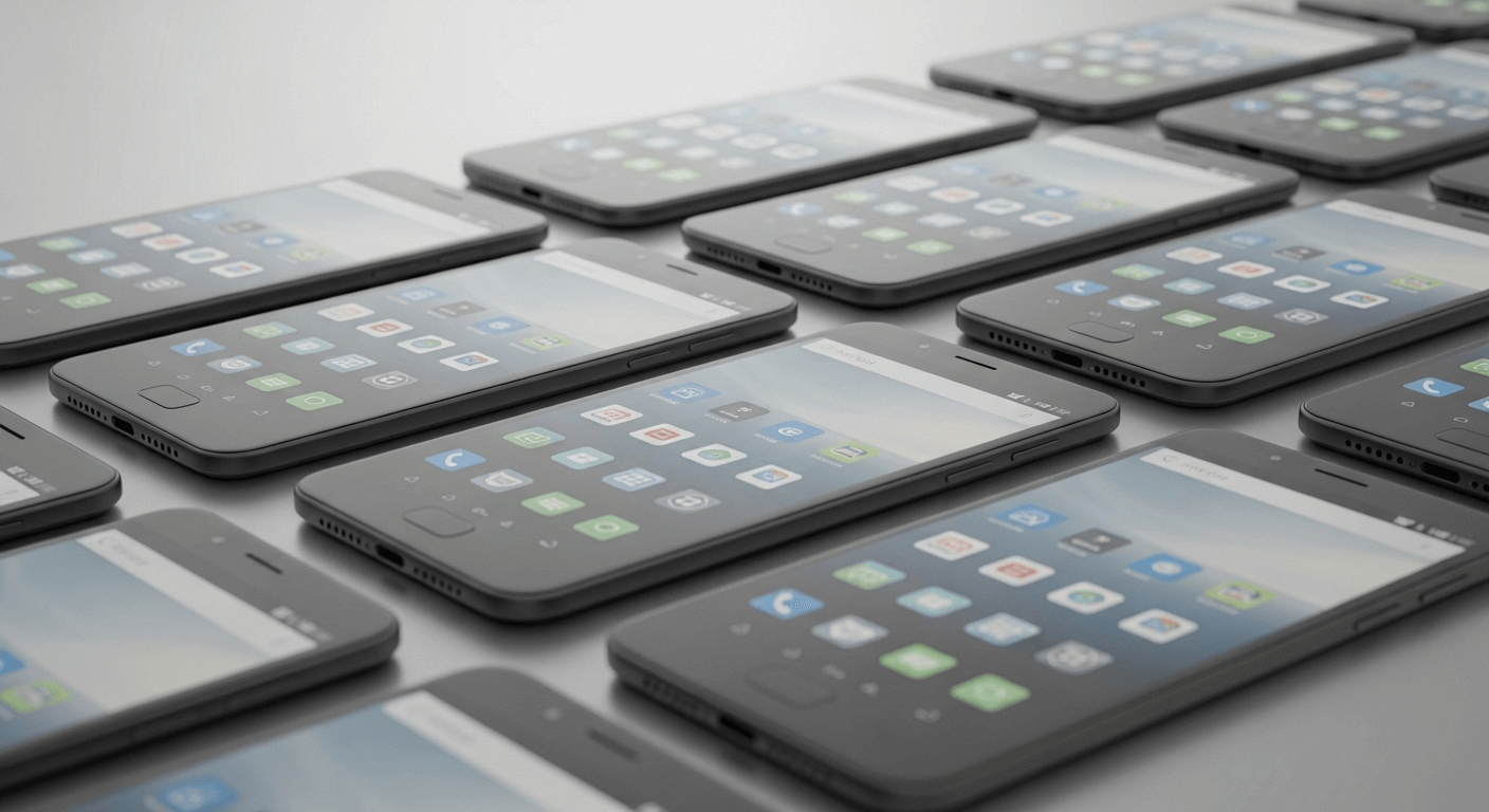 A 3D render showing a series of identical, perfectly configured Android devices in a line, representing consistency and reliability.