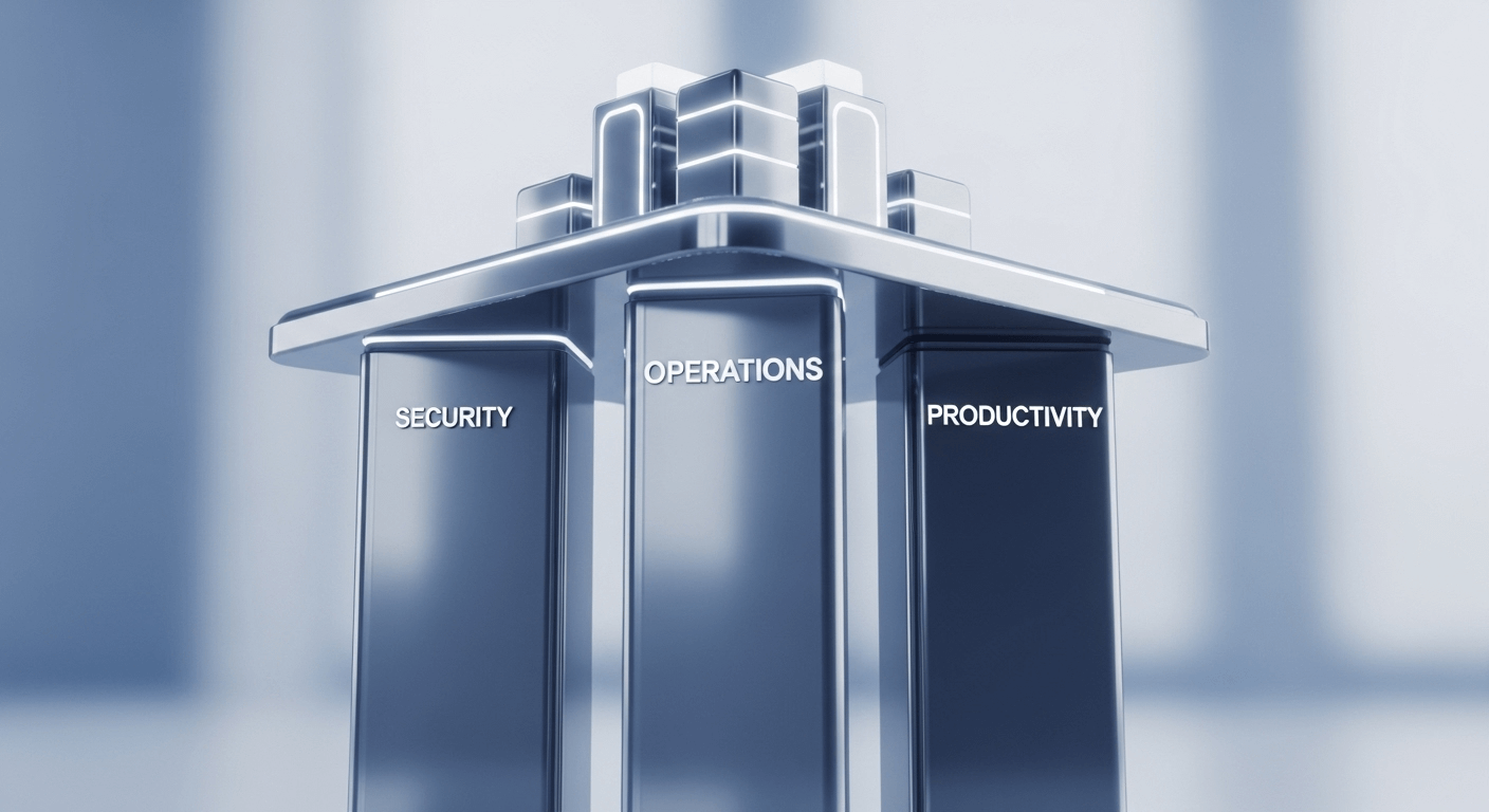 Sophisticated 3D render of three distinct pillars labeled Security, Operations, and Productivity, supporting a platform representing the enterprise.