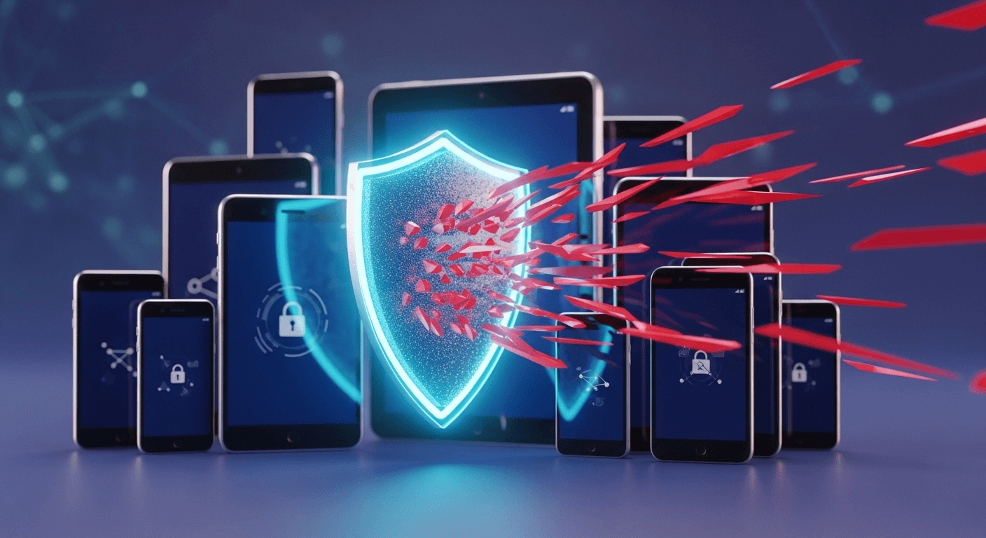 A 3D render of a digital shield deflecting incoming cyber threats from a fleet of Android devices.