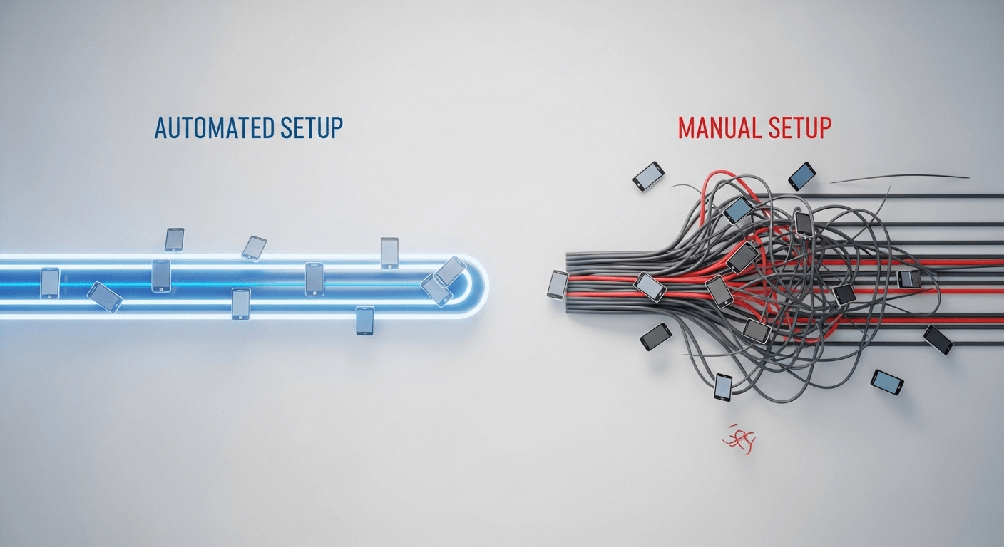 A clean 3D render showing a single, streamlined pipeline for automated device setup, contrasting with multiple tangled, chaotic paths for manual setup.