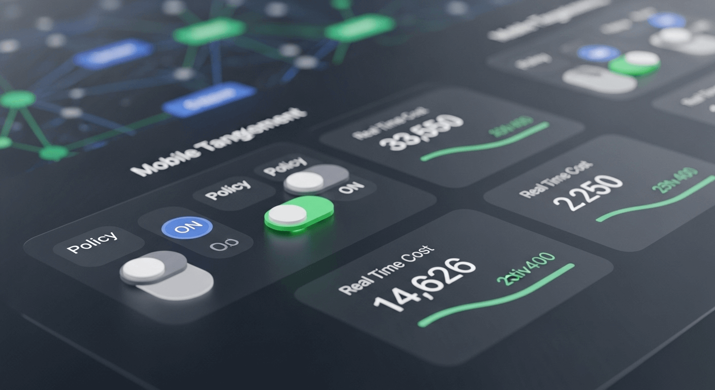 A 3D render of an abstract dashboard interface showing policy toggles being activated, with corresponding cost metrics decreasing in real-time.