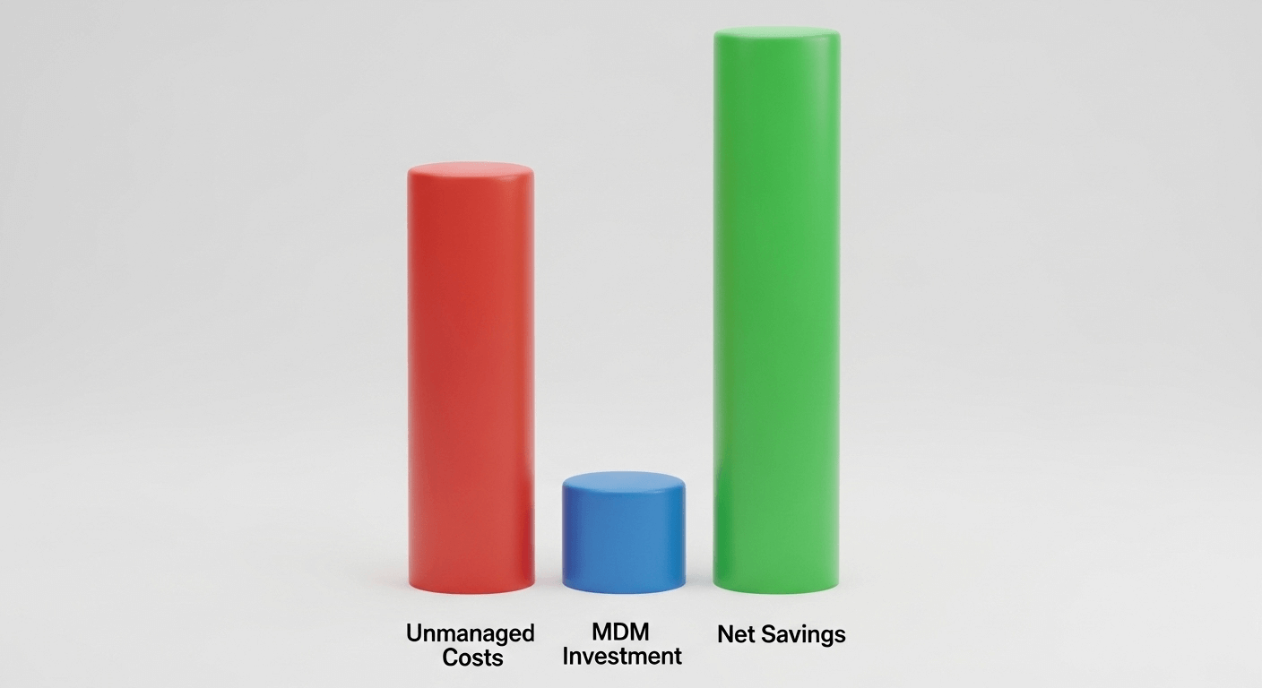 A stylized 3D render of a bar chart showing a large red bar for 'Unmanaged Costs' next to a much smaller blue bar for 'MDM Investment' and a large green bar for 'Net Savings'.