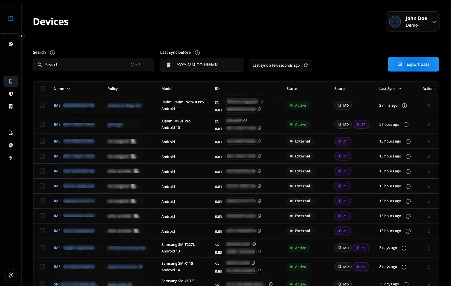 nomid mdm dashboard screen shot showing device list page