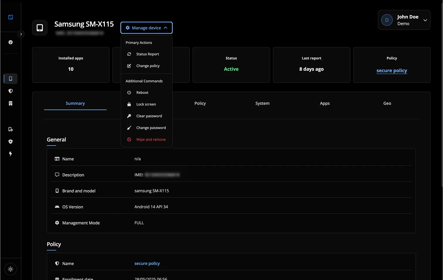 image of sending device commands via device page on nomid mdm dashboard