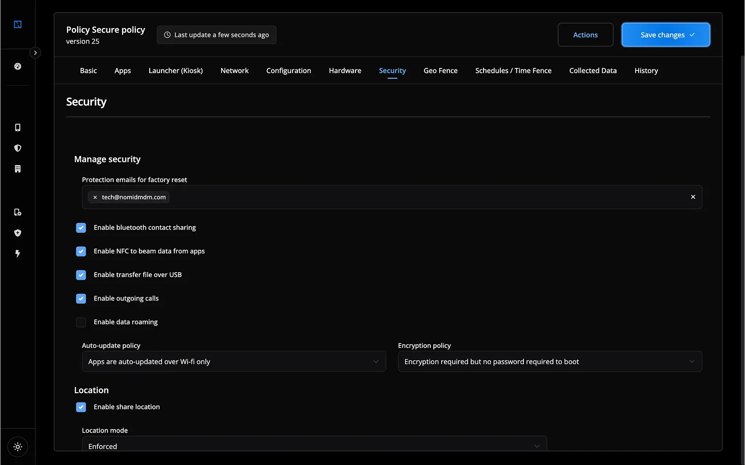 image of security settings dashboard in nomid mdm dashboard